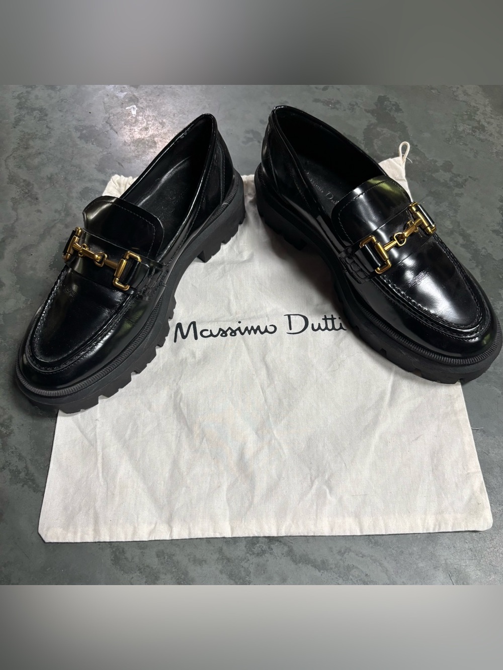 Massimo Dutti Black Leather Lug-Sole Bit Loafers with Gold Hardware